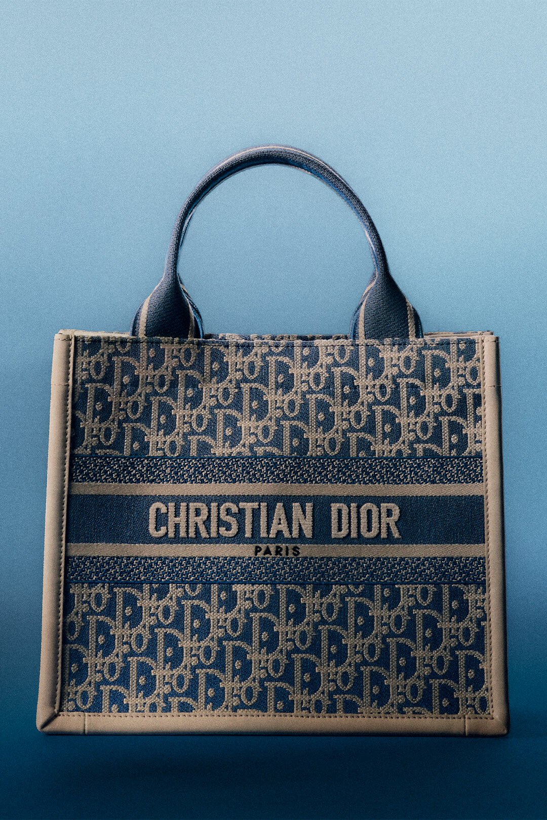 Dior Book Tote 小型托特包 藍色 Dior Oblique 條格布刺繡和奶白色小牛皮（26.5 x 22 x 14 公分） 